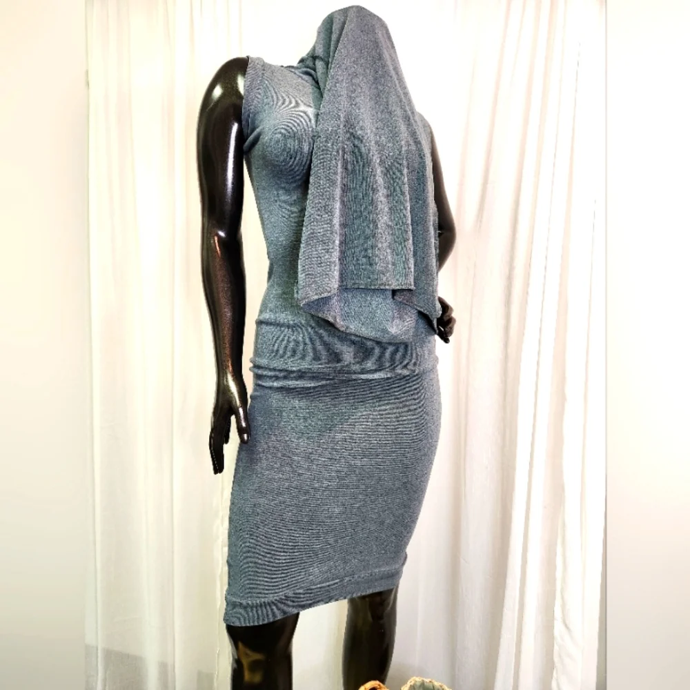 Green-Blue Sleeveless Dress with Cowl Neck -Mannequin Worn Only. - Picture 9 of 16